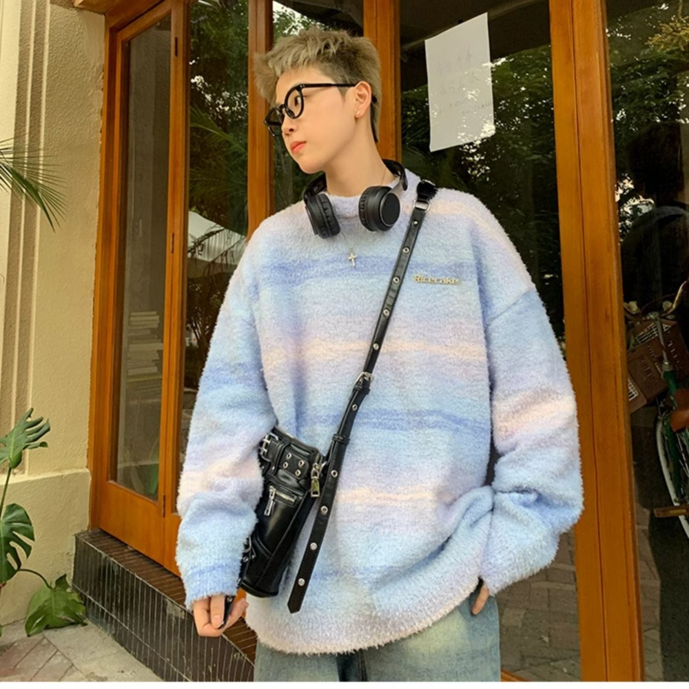 레인보우 유화 빈티지 오일 그라데이션 니트 루즈핏 스웨터 오버핏 남녀공용 커플 힙한 3컬러 - 상품 이미지