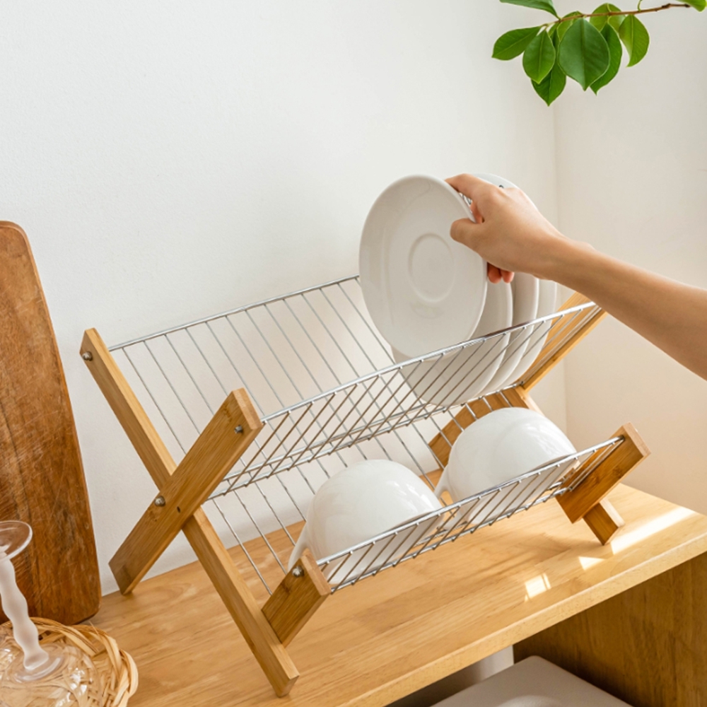 접이식 2단 식기건조대 접시 그릇 컵정리대 우드 설거지선반