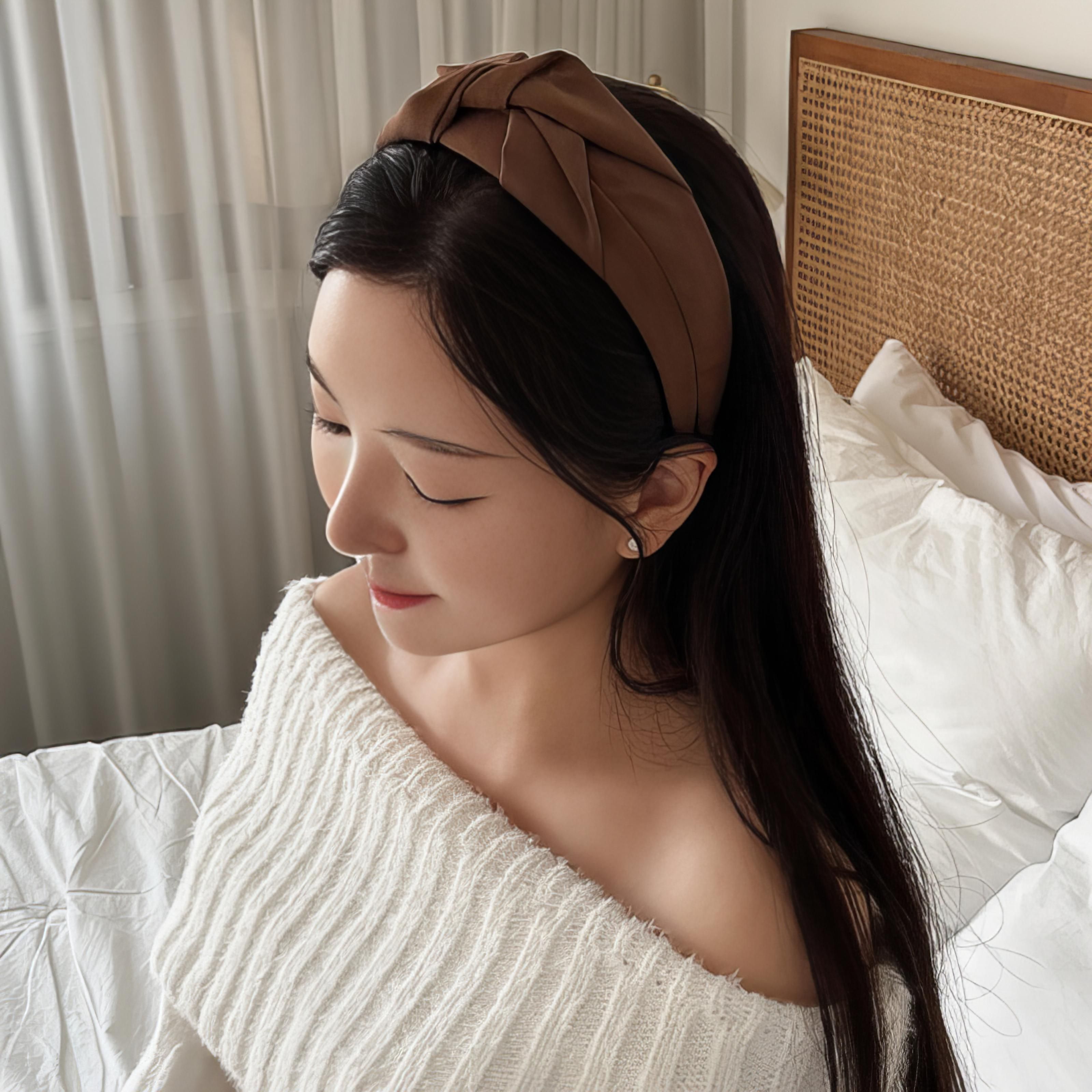 와이드 리본 꼬임 반다나 사계절 코튼 면 헤어 머리띠 [블랙 브라운 베이지] N947 - 상세 이미지 3