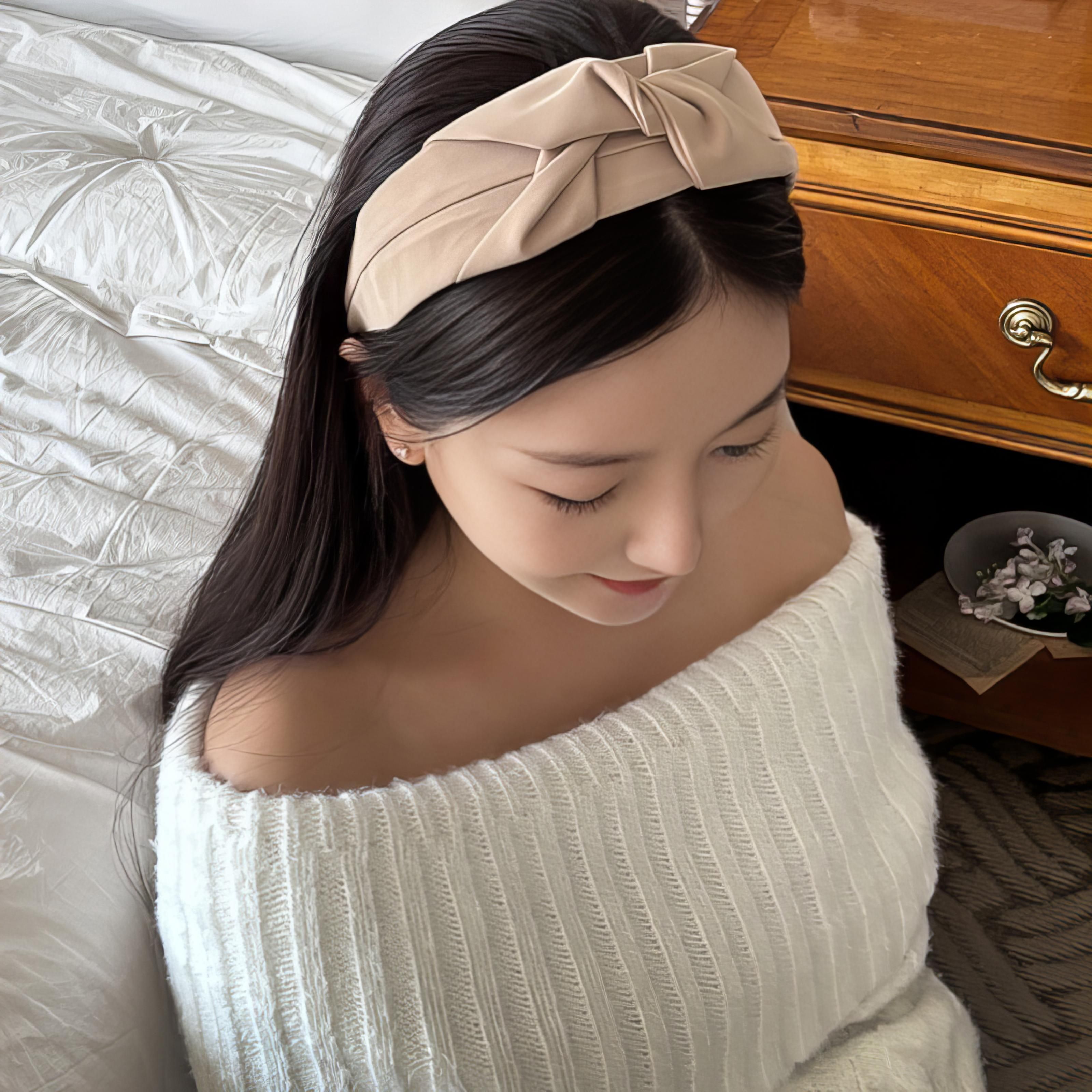 와이드 리본 꼬임 반다나 사계절 코튼 면 헤어 머리띠 [블랙 브라운 베이지] N947 - 상세 이미지 4