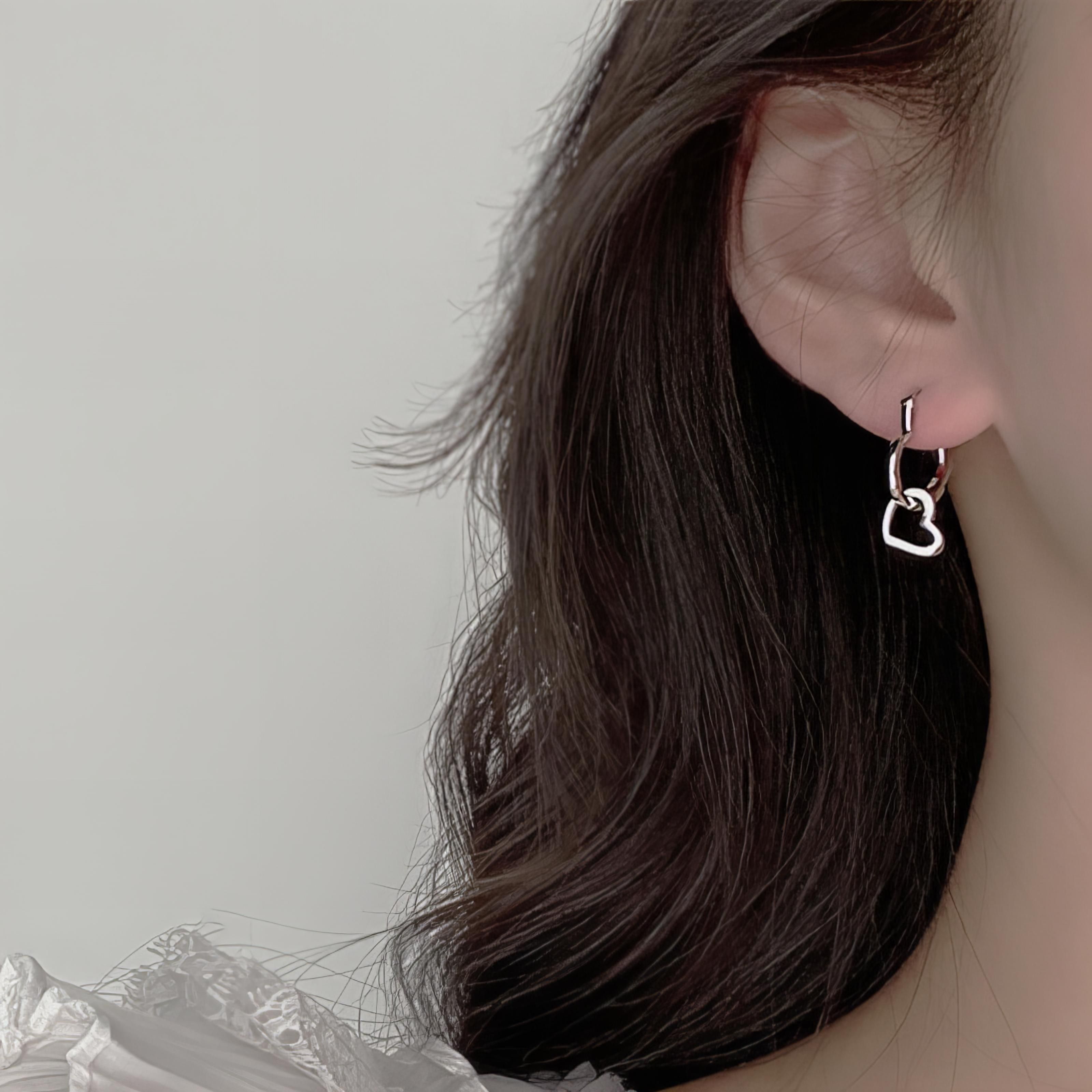 언발란스 더블 하트 교차 링 레이어드 러블리 투웨이 원터치 드롭 귀걸이 [실버] N499 - 상세 이미지 3