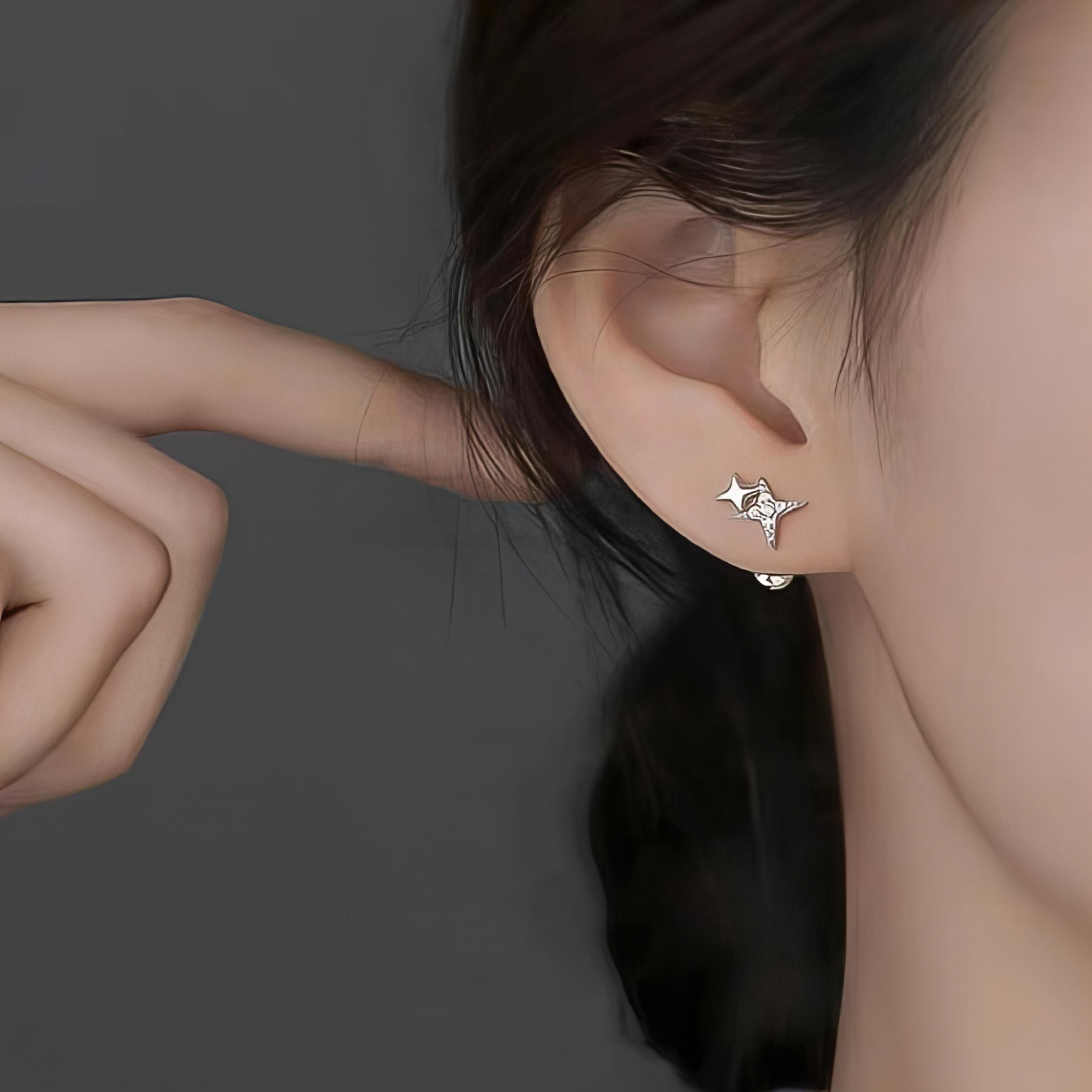 더블 글리터 별 포인트 큐빅 레이어드 스터드 심플 피어싱 [실버] N496 - 상세 이미지 2