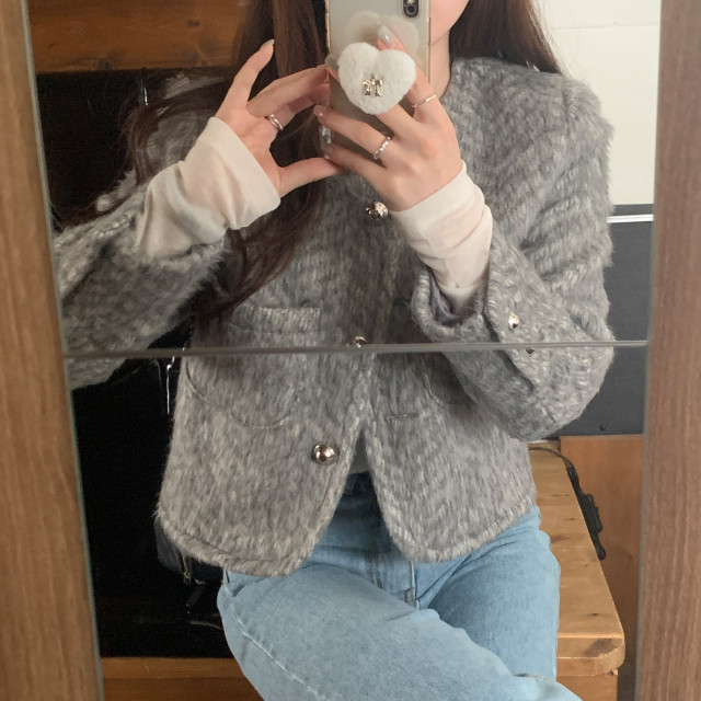 ヘリンボーンショートジャケット ヘリンボーン 襟付き ショート ジャケット コート（その他アウター