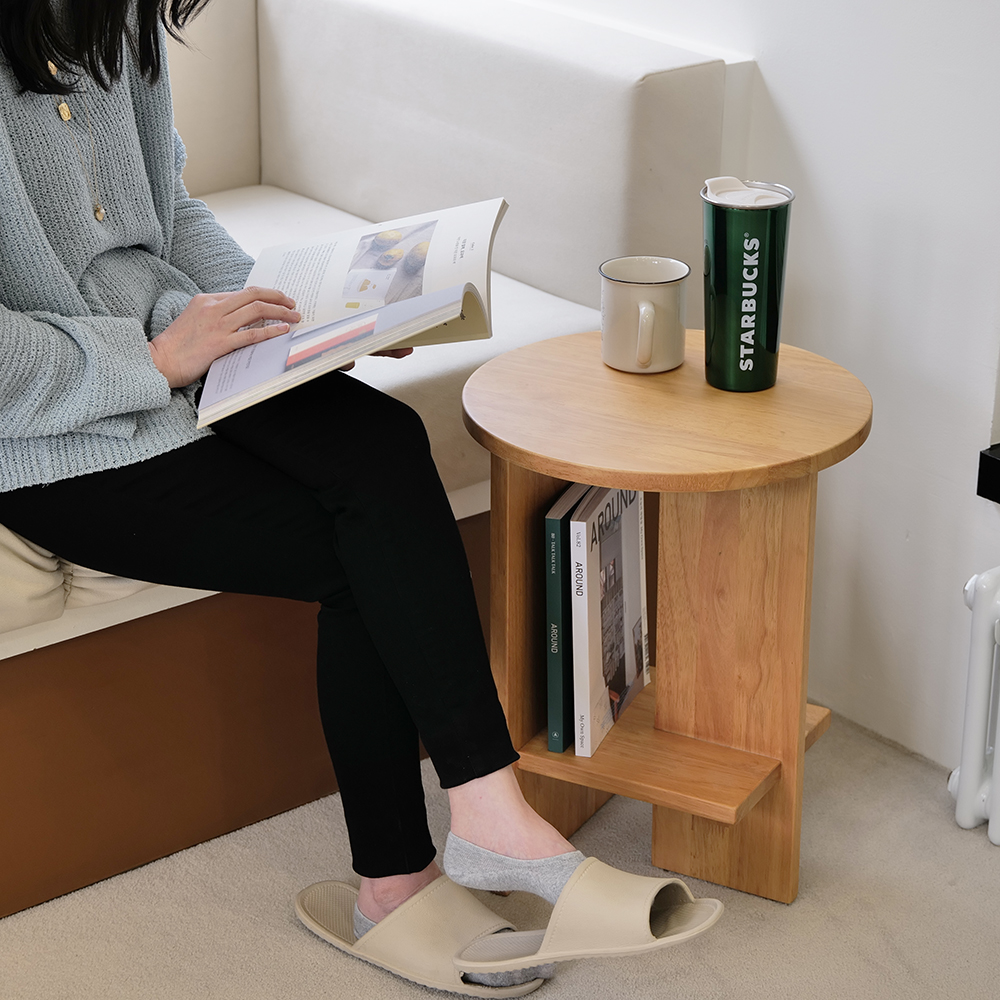 자야캠핑 오울루 2단 원형 협탁 원목 소파 테이블