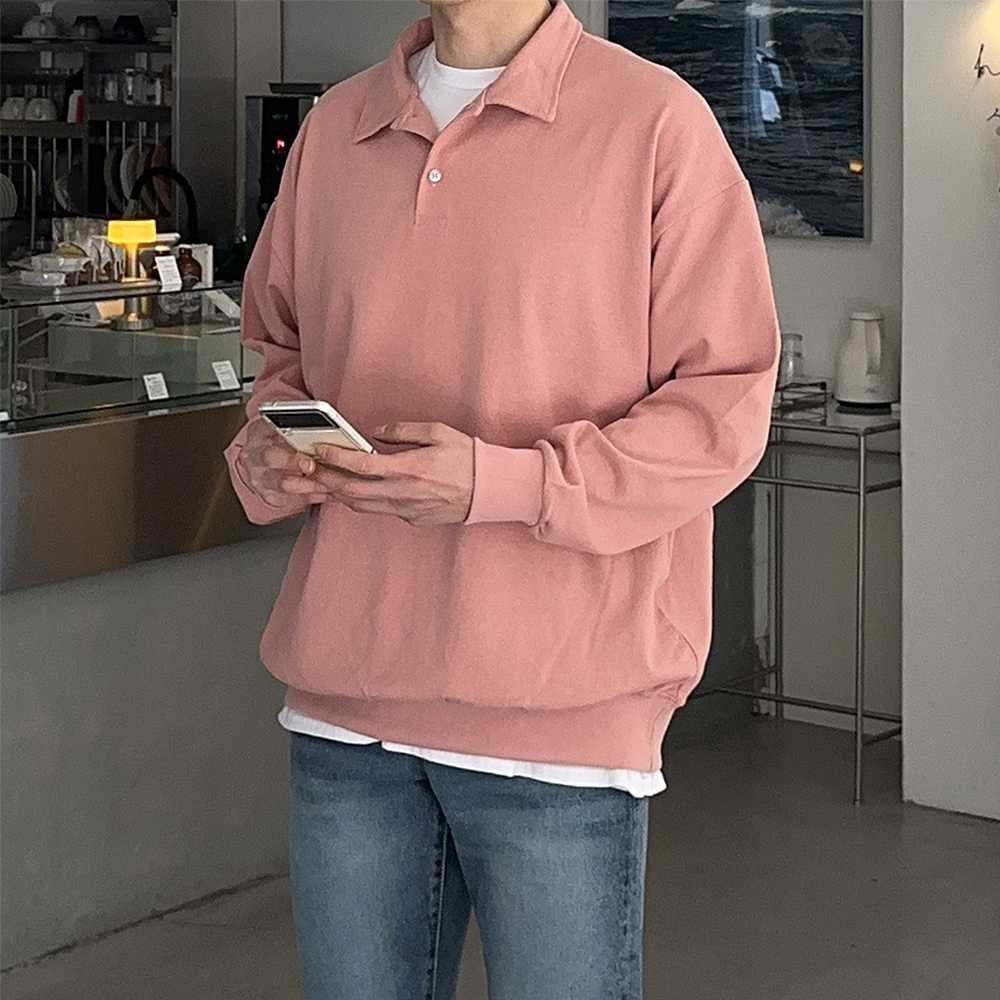 남자 오버핏 맨투맨 헨리넥 카라 맨투맨 남성카라티 - 상세 이미지 5