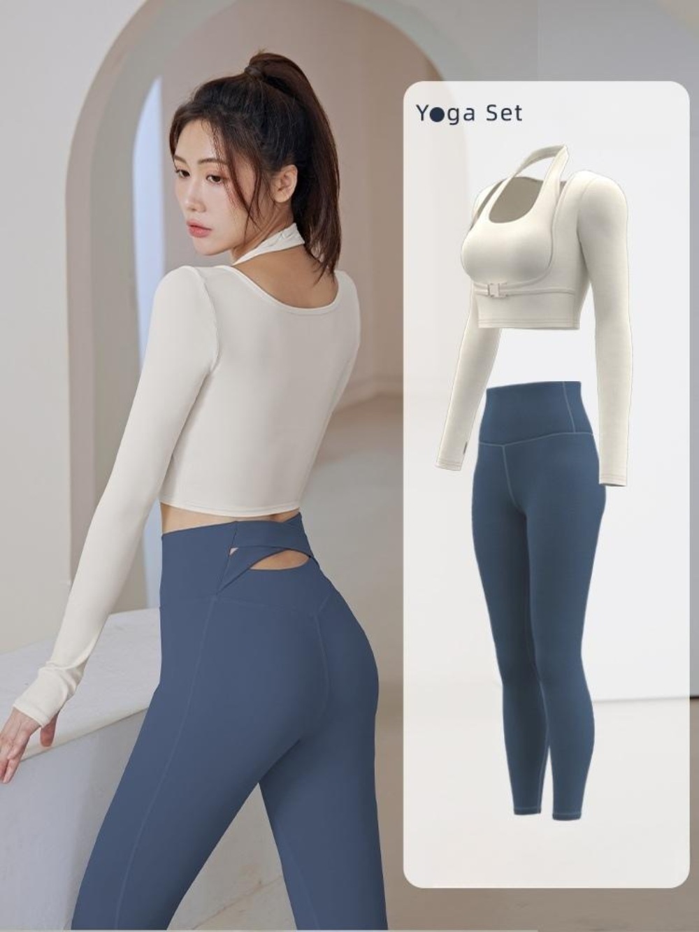 여성 요가 필라테스 레깅스 팬츠 크롭 홀터넥 롱슬리브 티 세트 셋업 운동복 상하의 11컬러 - 상세 이미지 4