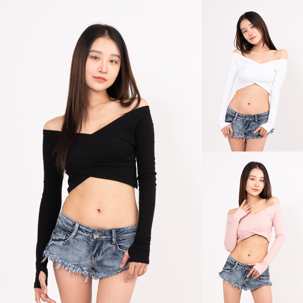 걸포유 무지 오프숄더 긴팔 크롭티 브이넥 바디프로필 - 상품 이미지