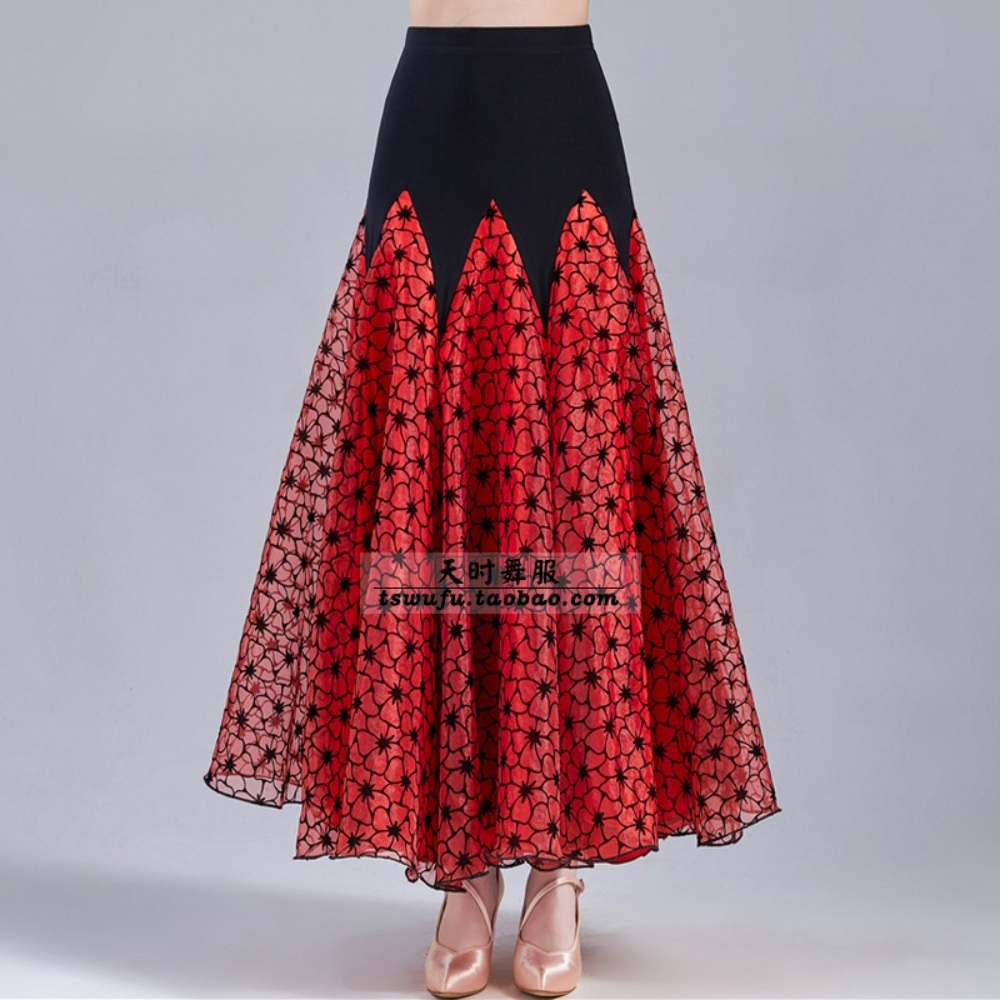 레드 꽃무늬 왈츠스커트 예쁜 화려한 디자인 사교 댄스 탱고 볼룸 정열 드레스 2컬러 - 상세 이미지 2