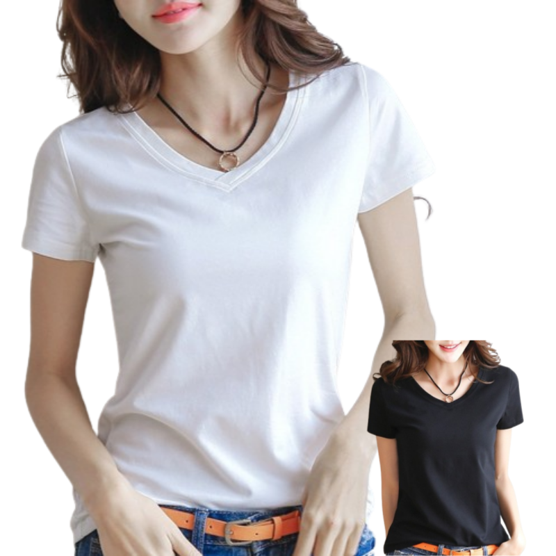여성 V넥 반팔티셔츠 1+1 데일리 기본티 블랙 화이트 이미지 7