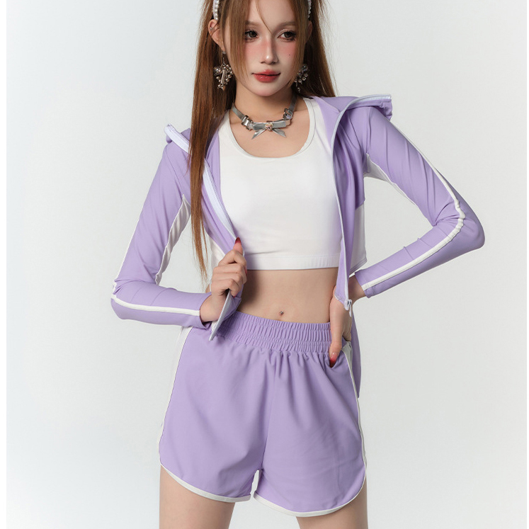 비치웨어 4PCS 긴팔 반바지 해변 운동복 피트니스 퍼플 - 상세 이미지 2