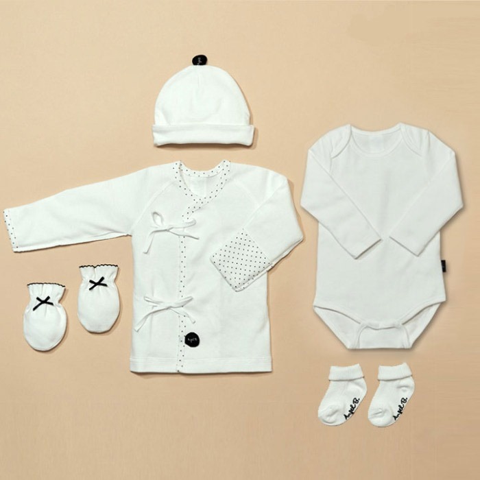 엔젤 퓨어 5종 선물세트 (배냇저고리+모자+손싸개+양말+바디슈트)