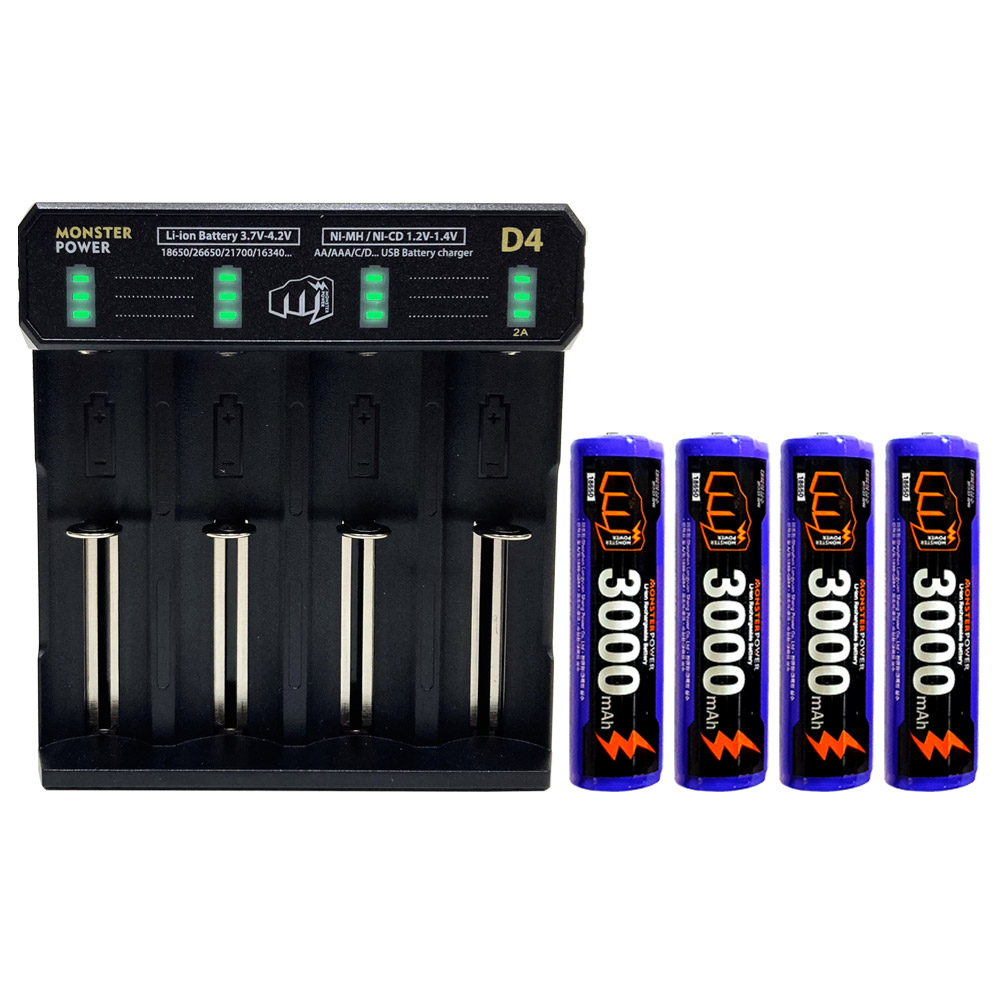 몬스터파워 18650 배터리 4개 4구충전기 세트 C타입 3000mAh - 상품 이미지