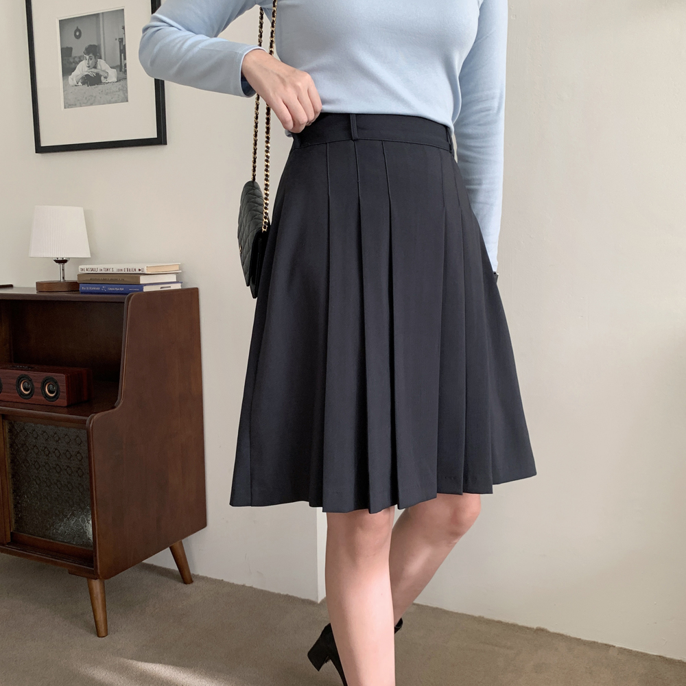 트렌디 하이웨스트 핀턱 플리츠 스커트 A라인 주름 치마 플레어 미디 스커트 가을 밴딩치마