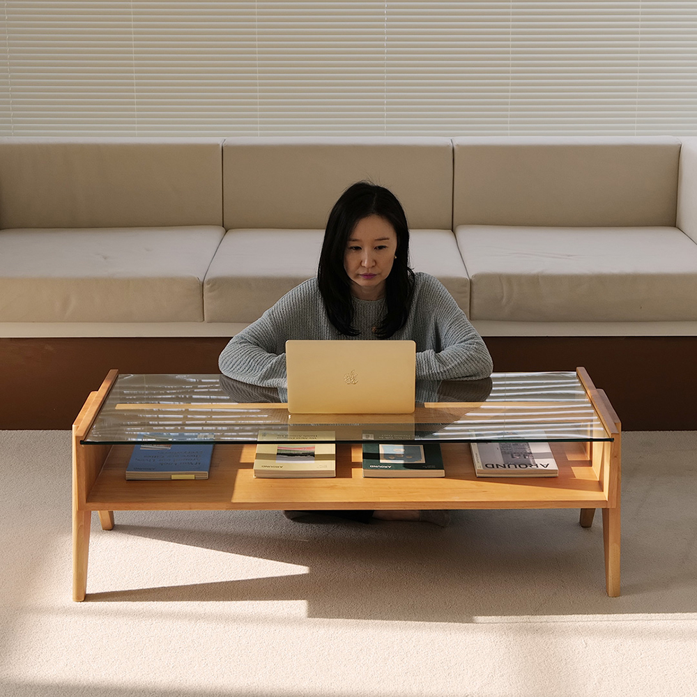 자야캠핑 오울루 2단 원목 좌식 거실 카페 유리 소파 테이블 라이트 브라운 1200