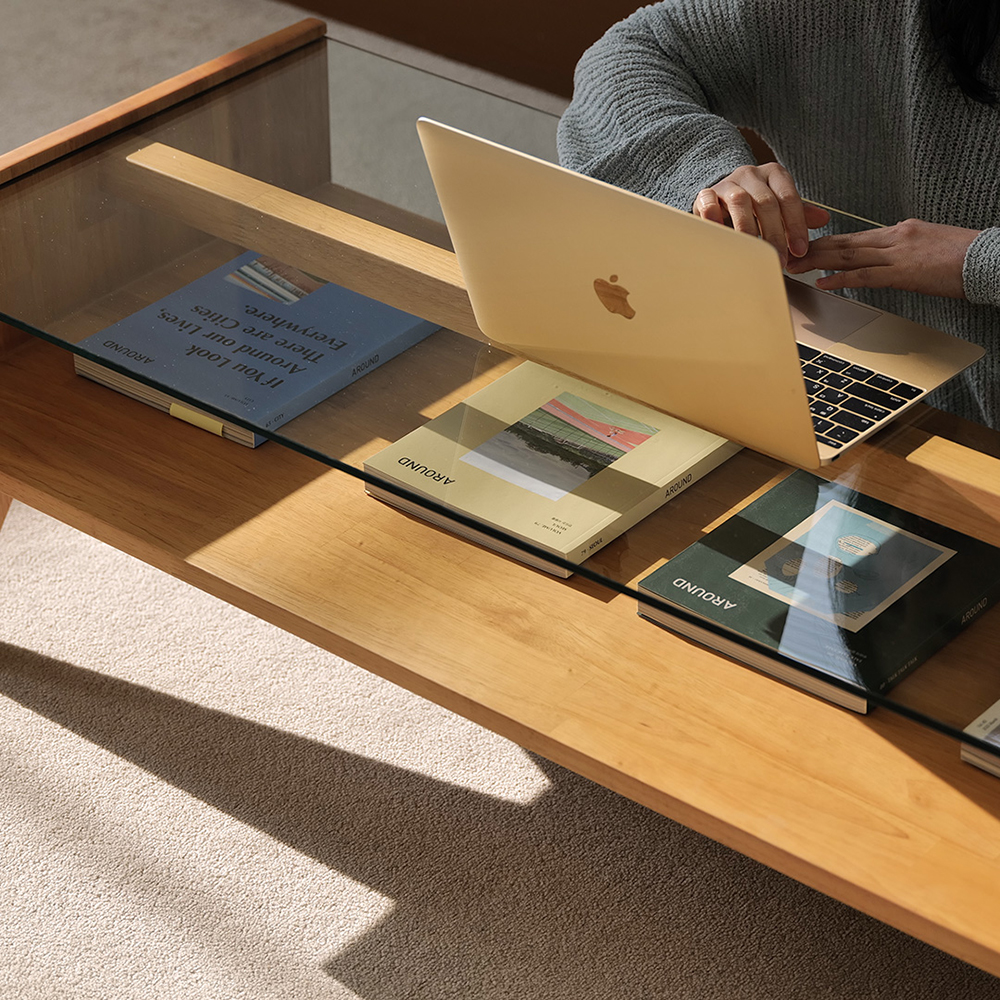 자야캠핑 오울루 2단 원목 좌식 거실 카페 유리 소파 테이블 라이트 브라운 1200