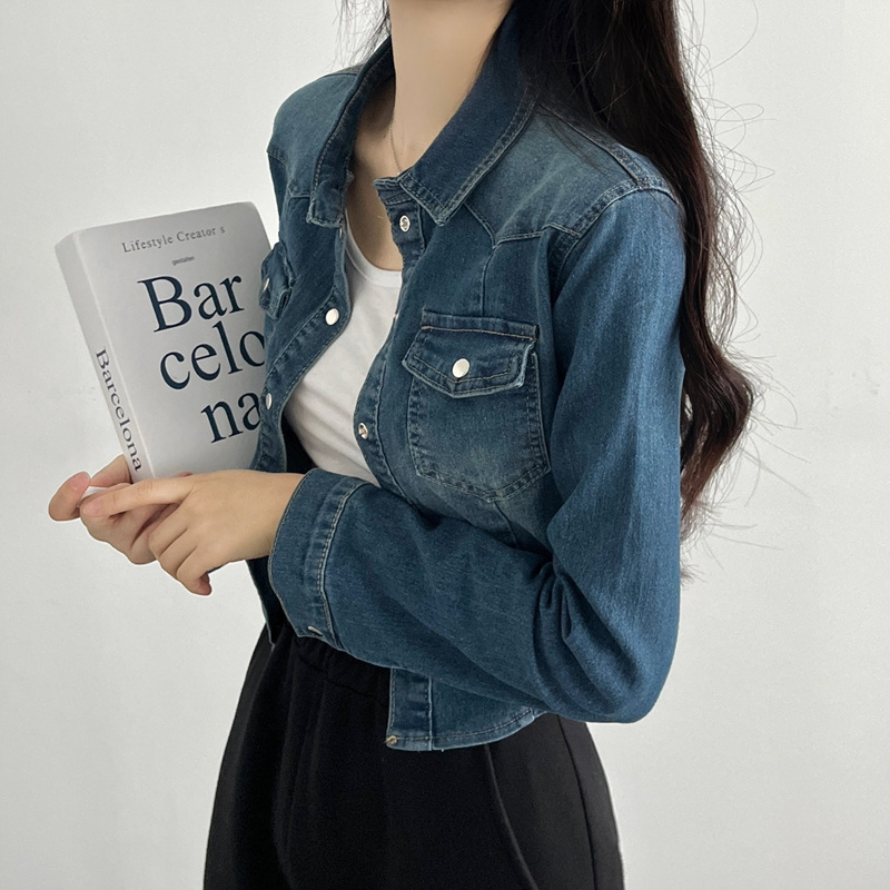 [핏보장/당일출고] 날씬핏 똑딱이 크롭 데님 셔츠 자켓 - 2color 이미지 4
