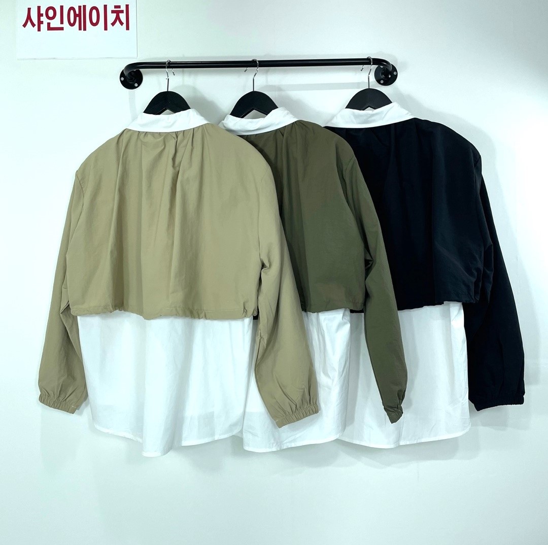 여자여자몰 바스락크롭부착 긴팔 오버핏셔츠 캐쥬얼 유니크남방 배색 화이트셔츠 - 상세 이미지 5