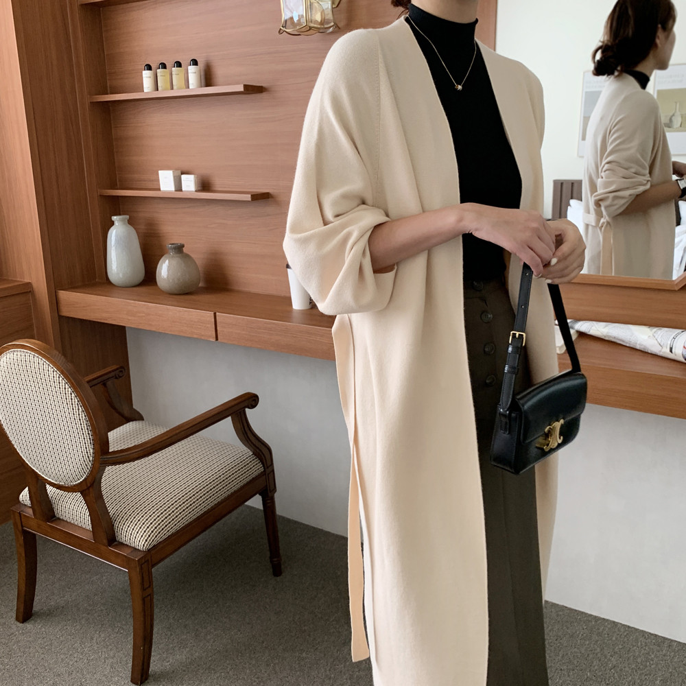 고급 루즈핏 숄 여자 니트가디건 벨트 로브 여성 롱 가디건 봄 가을 이미지 2