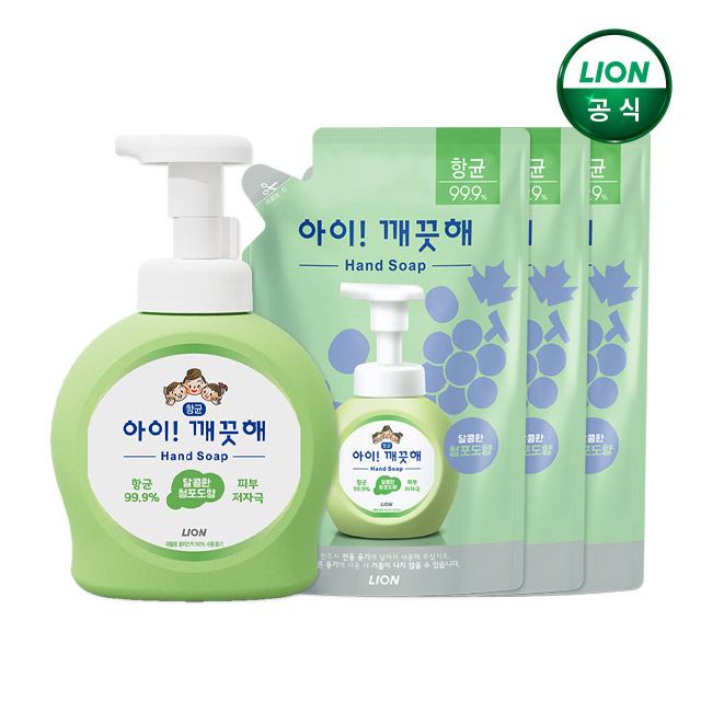 아이깨끗해 청포도 490ml 용기 x 1개 + 450ml 리필 x 3개 / 거품형 손세정제