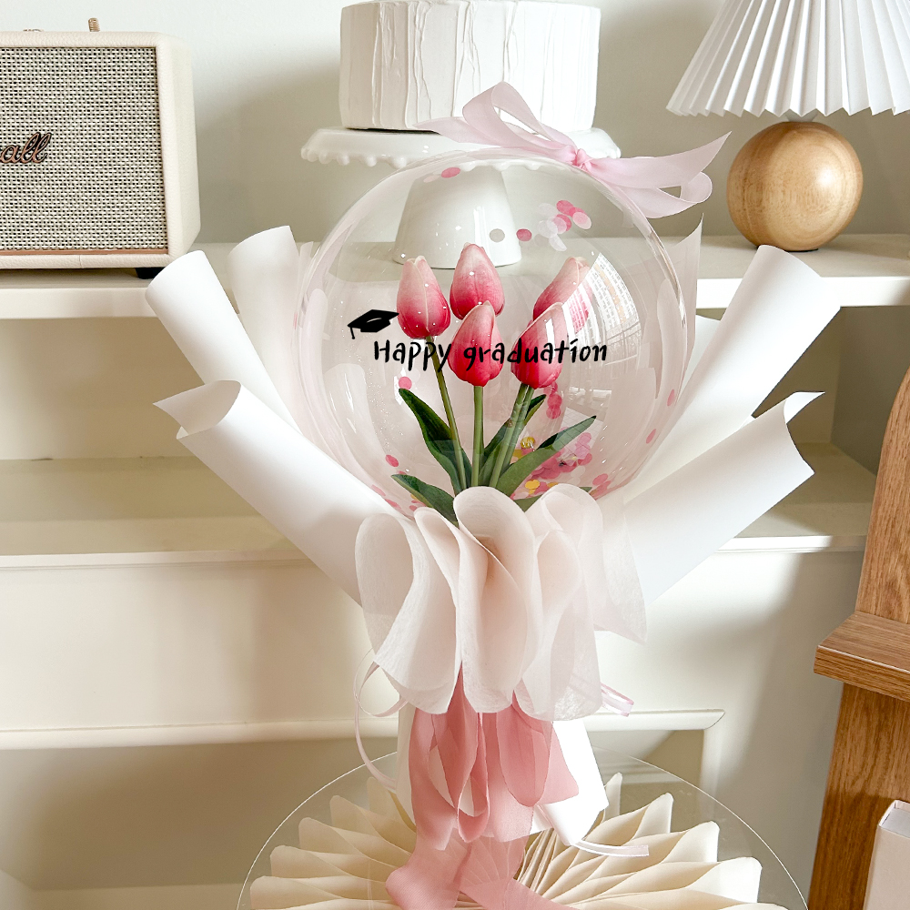 튤립 졸업 꽃풍선 핑크 3송이 꽃다발 초등학교 어린이집 유치원 졸업식 입학식 학예회 콩쿨 제품 이미지