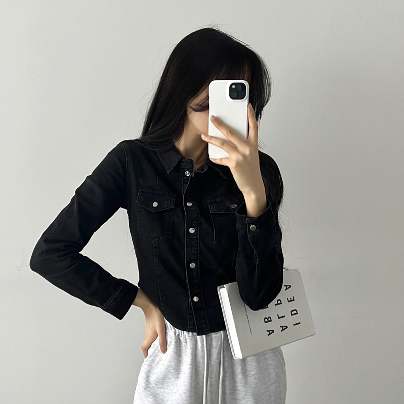 [핏보장/당일출고] 날씬핏 똑딱이 크롭 데님 셔츠 자켓 - 2color 이미지 2