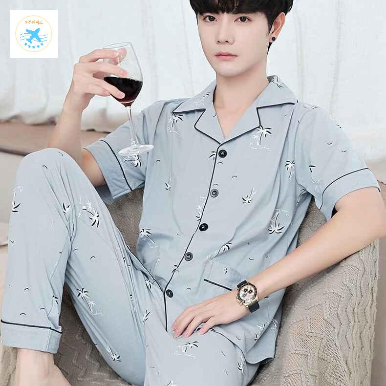 홈웨어 단색 긴바지 잠옷 반팔 남성 파자마세트 상품 이미지