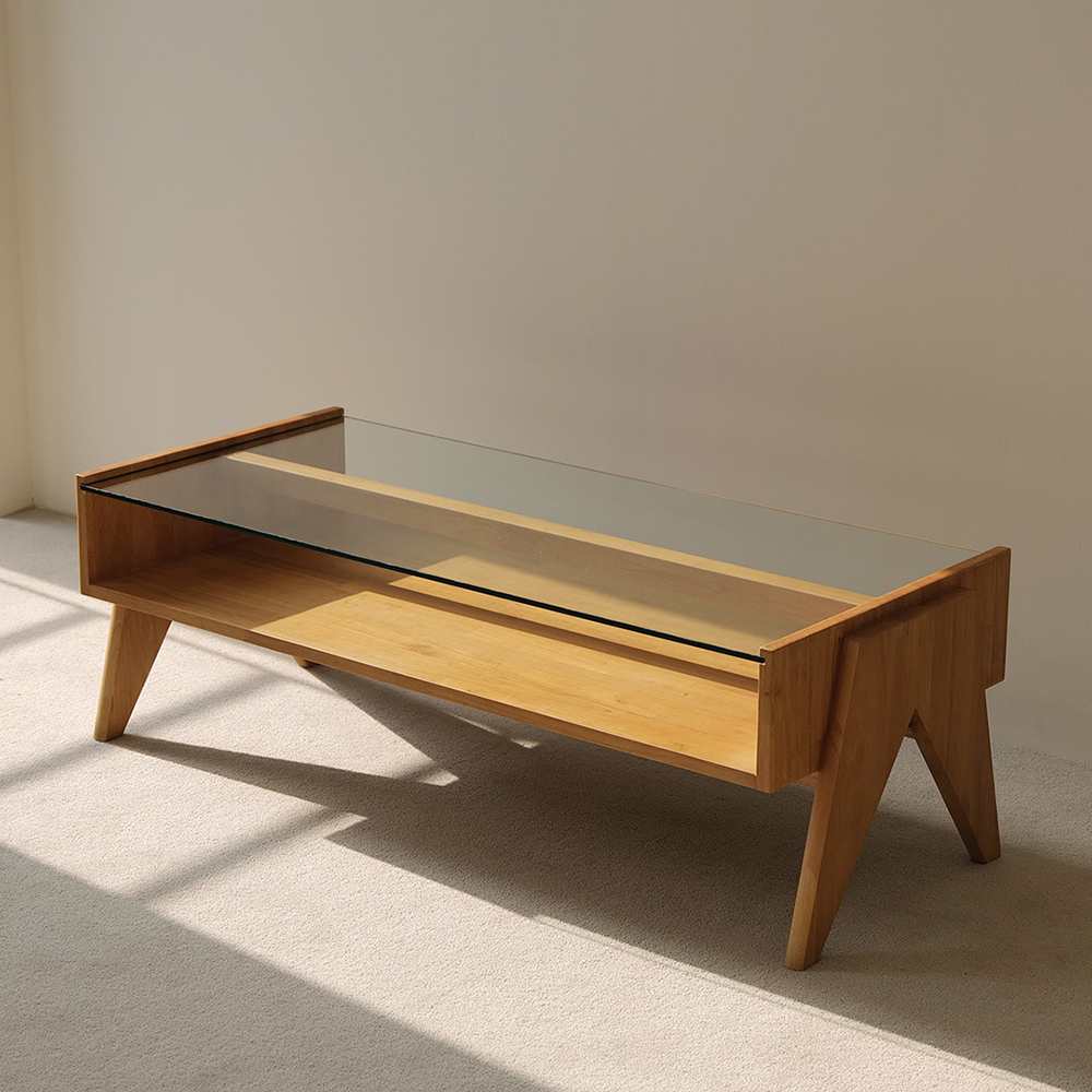 자야캠핑 오울루 2단 원목 좌식 거실 카페 유리 소파 테이블 라이트 브라운 1200