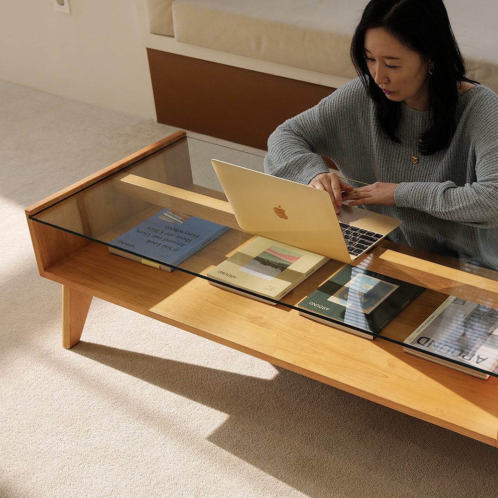 자야캠핑 오울루 2단 원목 좌식 거실 카페 유리 소파 테이블 라이트 브라운 1200