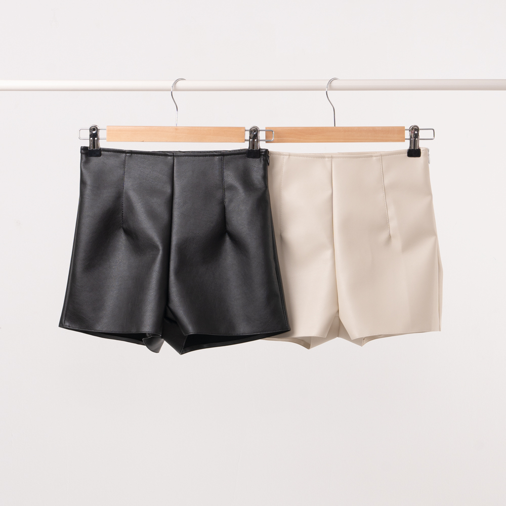 걸포유 레더 팬츠 여성 3부 하이웨스트 숏 레자 가죽 반바지 블랙, S - 상세 이미지 2