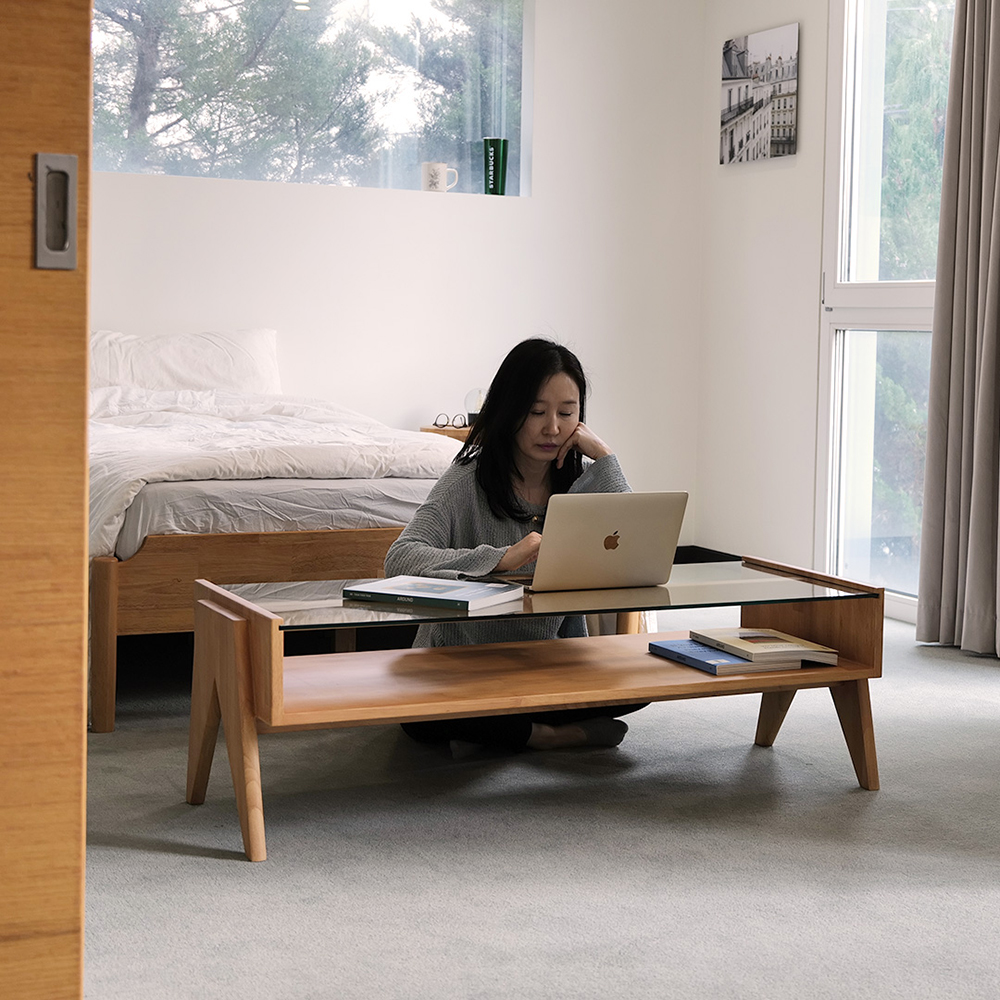 자야캠핑 오울루 2단 원목 좌식 거실 카페 유리 소파 테이블 라이트 브라운 1200