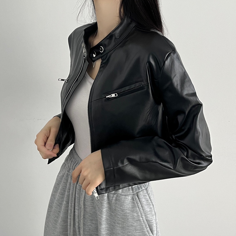 [최저가/크롭] 바이커 레더자켓 노카라 크롭 버튼포인트 Y2K 자켓-3color 이미지 2