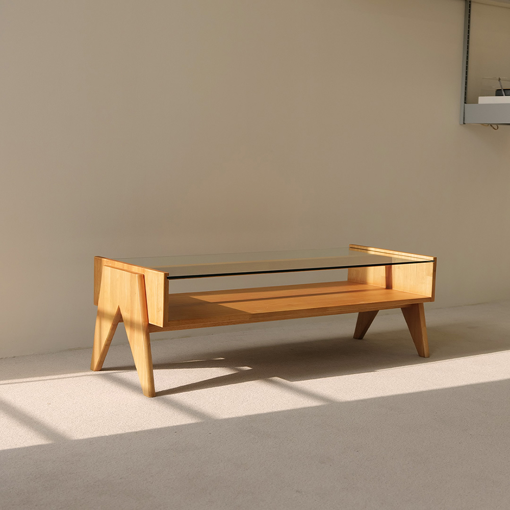 자야캠핑 오울루 2단 원목 좌식 거실 카페 유리 소파 테이블 라이트 브라운 1200