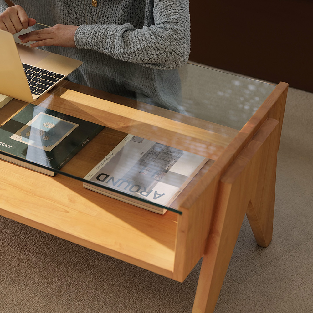 자야캠핑 오울루 2단 원목 좌식 거실 카페 유리 소파 테이블 라이트 브라운 1200