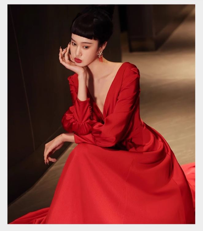 브라이덜샤워 졸업 스냅촬영 브이넥 파티복 셀프웨딩 레드드레스 이미지 3