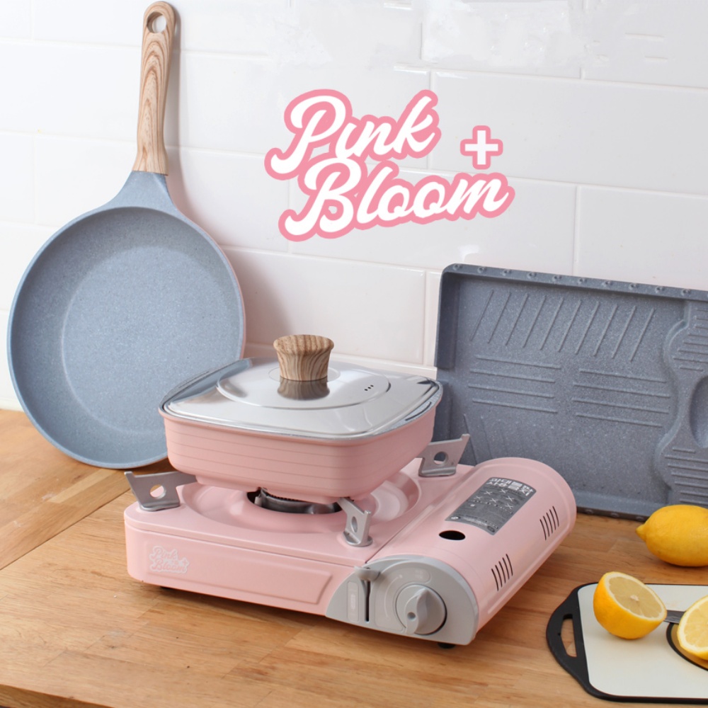 핑크 휴대용 가스버너 캠핑 버너 썬터치 브루스타 후라이팬 2종 세트