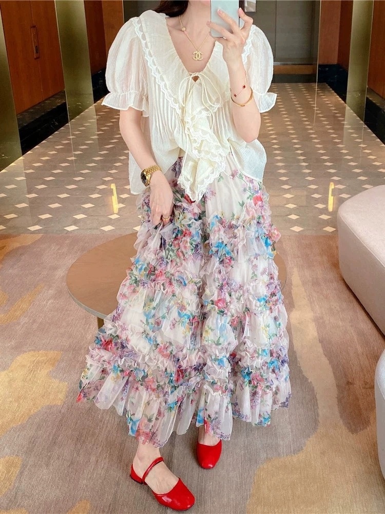 여자여자몰 세상이쁜 플라워나염 3겹 캉캉프릴 샤스커트 특이한 망사스커트