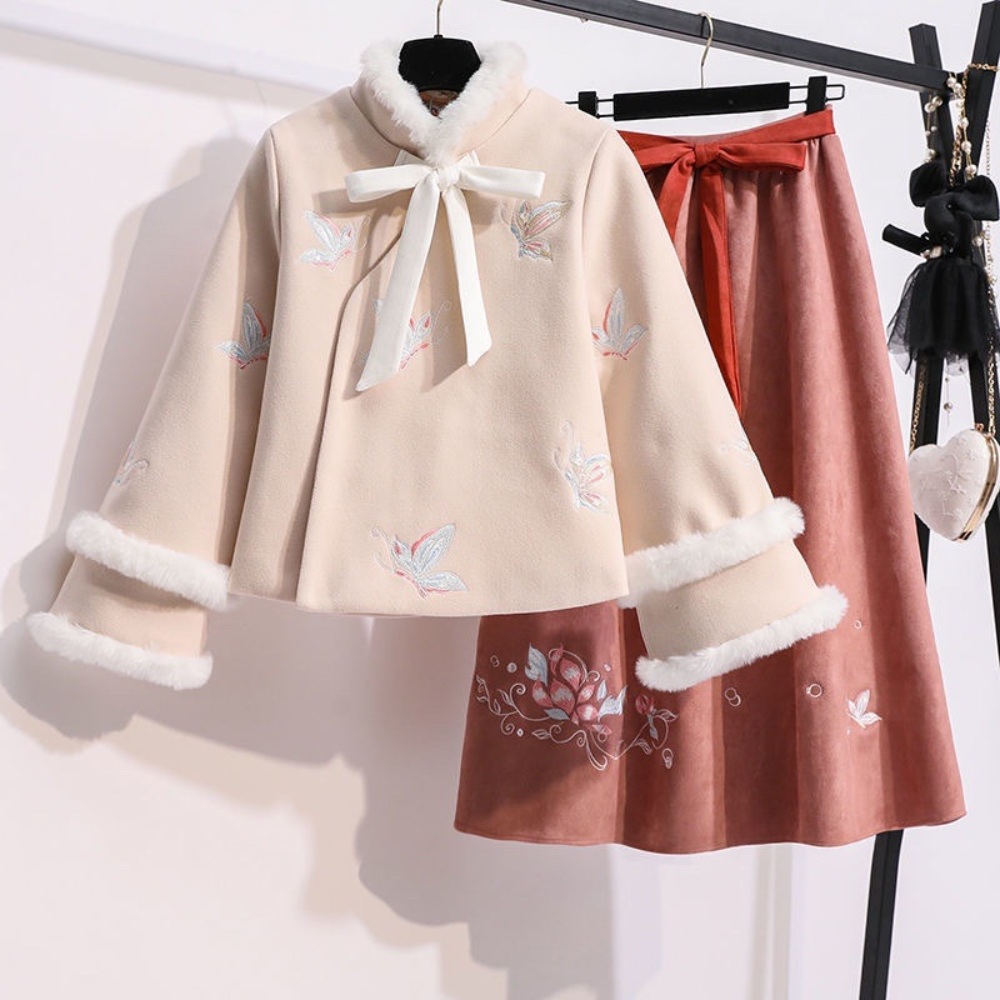 누빔 생활 개량 한복 세트 예쁜 나비 꽃 자수 예쁜 디자인 핑크 분홍색 따뜻 저고리 드레스 - 상세 이미지 2