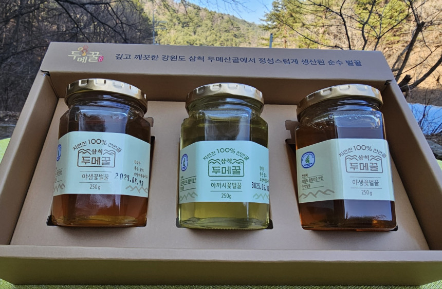 두메꿀: 깊고 깨끗한 강원도 삼척 두메산골에서 정성스럽게 생산된 순수 벌꿀 100%. 천연꽃 두메꿀, 강원도 품질인증 받은 야생꽃벌꿀. 아까시꽃벌꿀, 유통기한: 2025.06.30, 250g.