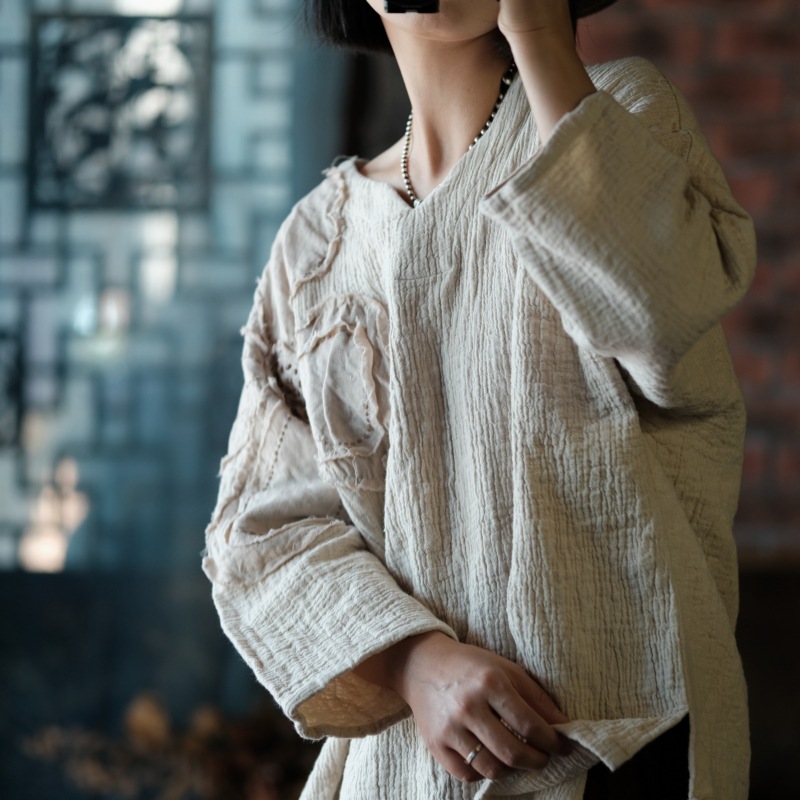 린넨블라우스 봄가을 꽃자수 오버핏 - 상세 이미지 4
