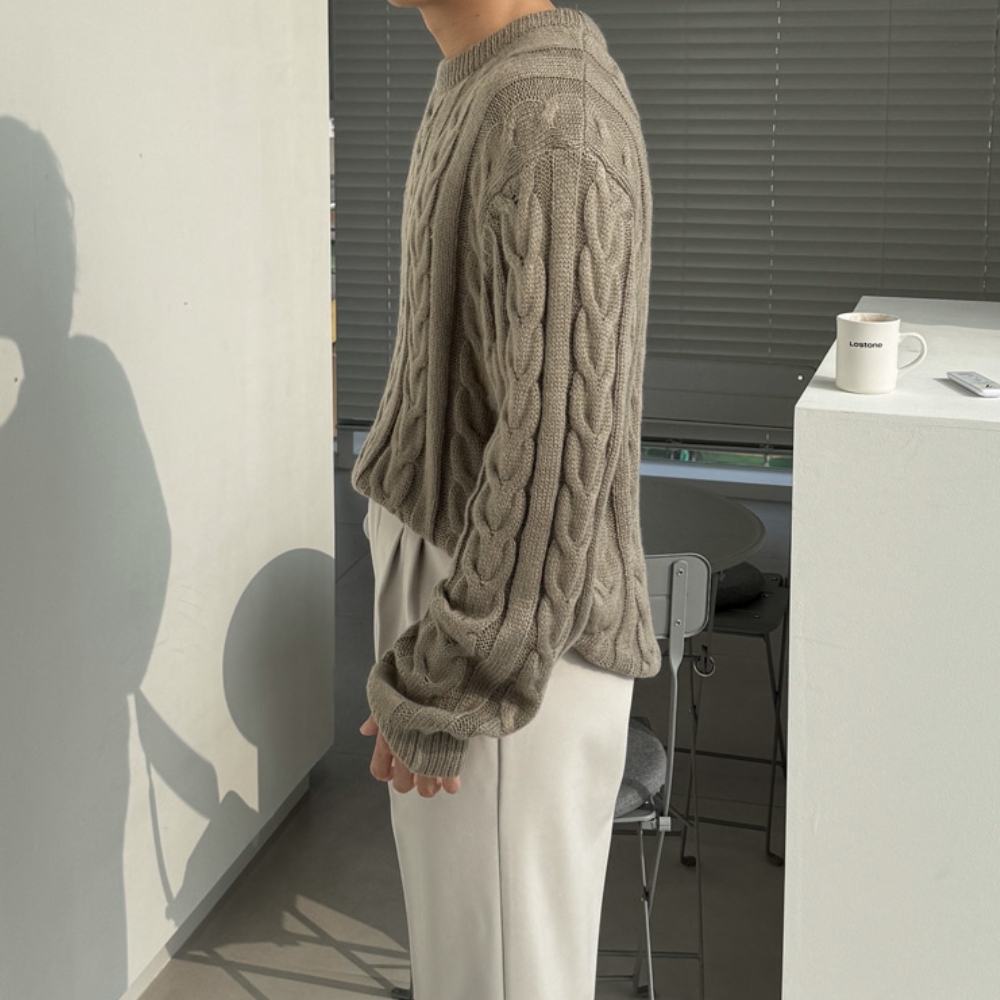 남자 더이 오버핏 꽈배기 케이블 라운드 니트 이미지 3