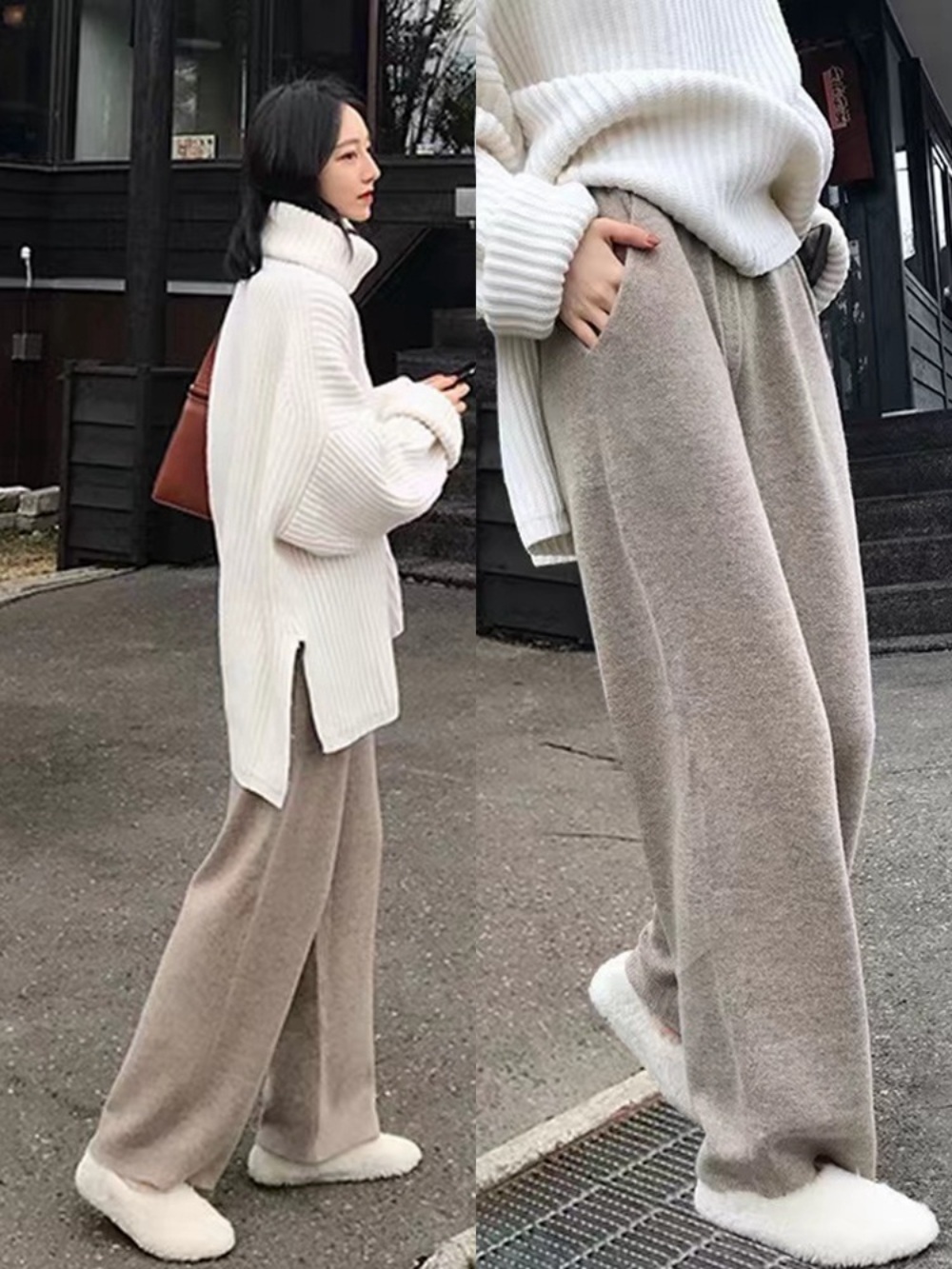 임산부 바지 와이드 레그 임부바지 니트 팬츠 겨울 임부복 가을 밴딩 - 상품 이미지