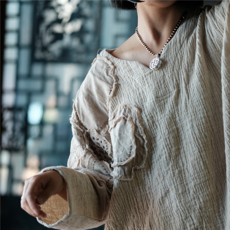 린넨블라우스 봄가을 꽃자수 오버핏 - 상세 이미지 3
