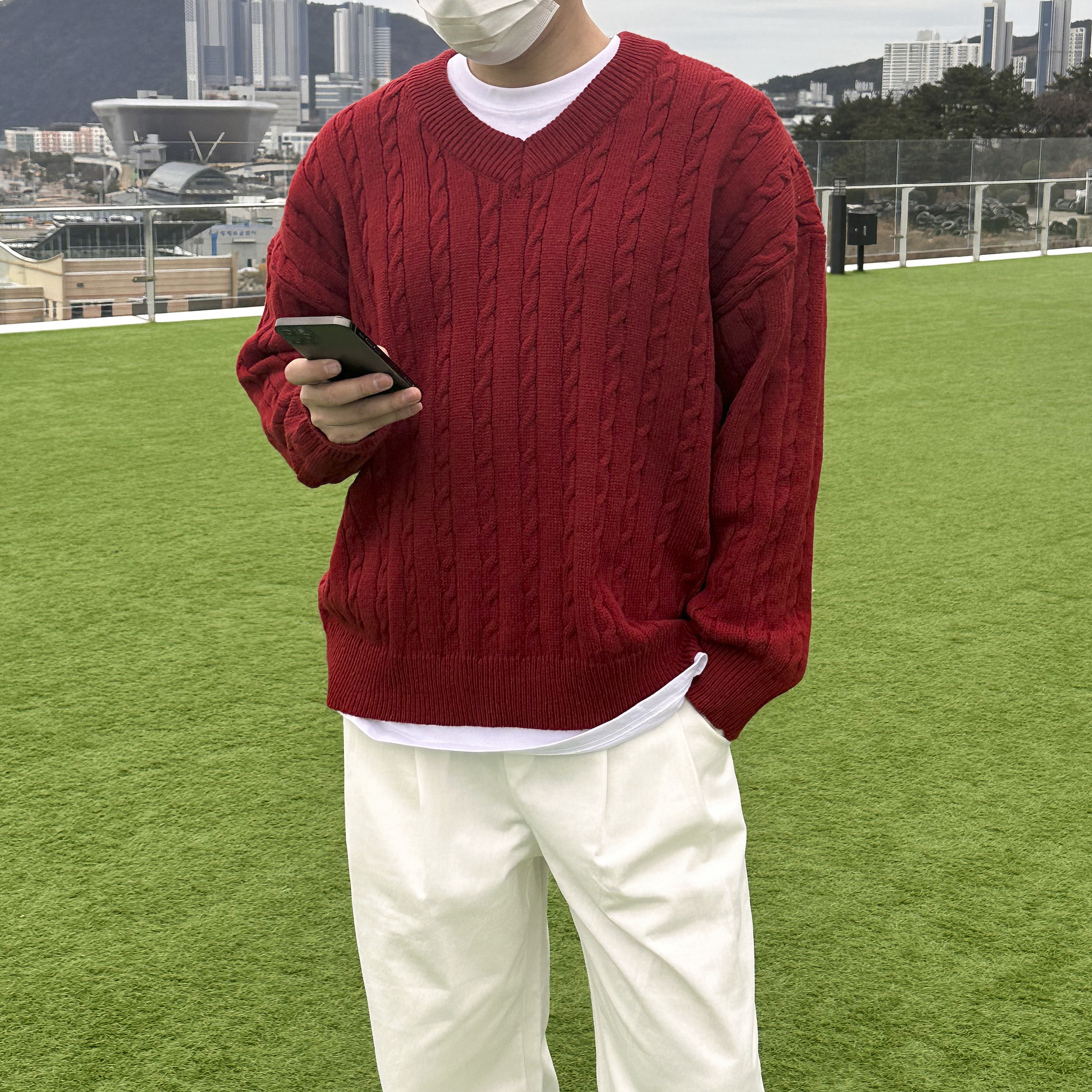 남녀공용 오버핏 브이넥 꽈배기 니트티셔츠 7color 이미지 3