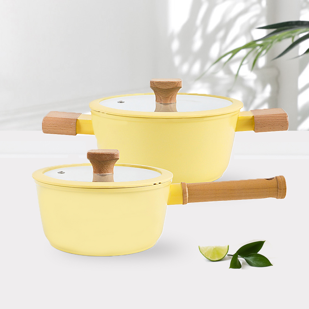 시샘 크림 세라믹 코팅 인덕션 겸용 편수 양수냄비 냄비 2종 세트 (18+20cm)