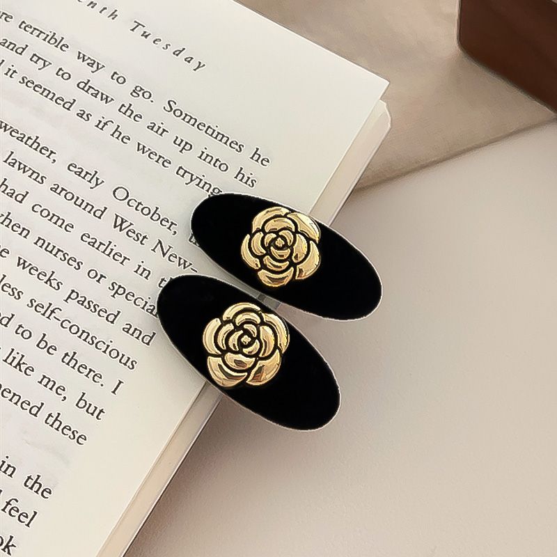 엔틱 골드 금장 플레이트 로즈 팬던트 벨벳 로맨틱 집게 헤어 머리핀 세트 [블랙] N957 - 상세 이미지 4