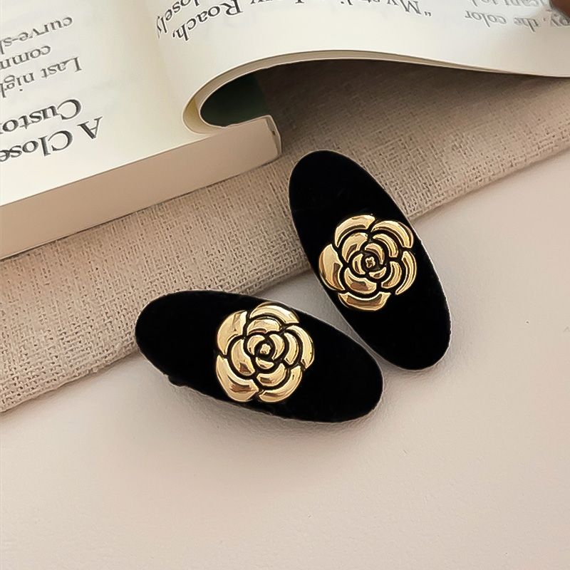 엔틱 골드 금장 플레이트 로즈 팬던트 벨벳 로맨틱 집게 헤어 머리핀 세트 [블랙] N957 - 상세 이미지 3