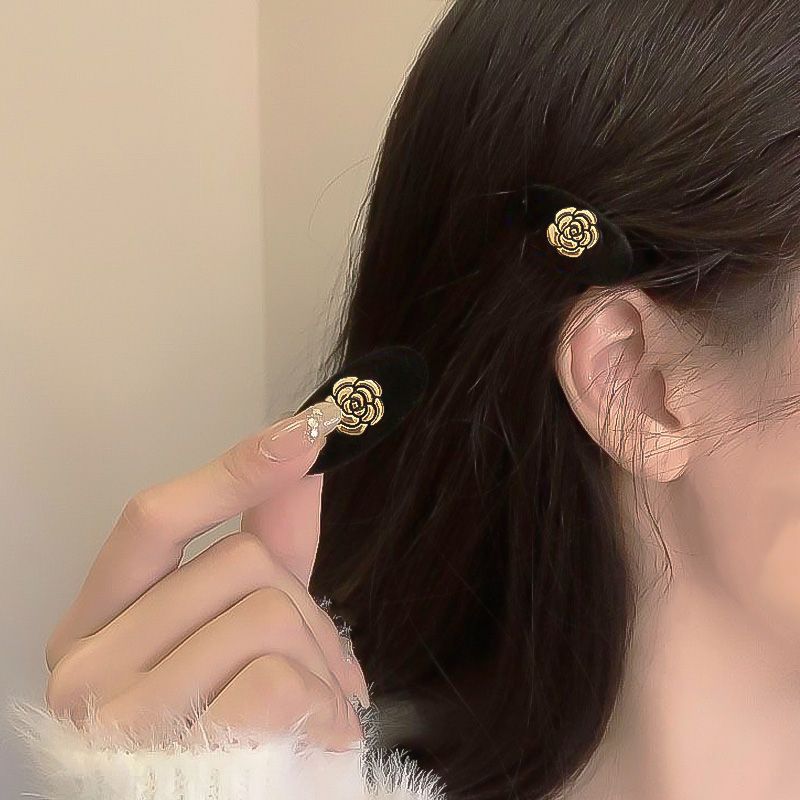 엔틱 골드 금장 플레이트 로즈 팬던트 벨벳 로맨틱 집게 헤어 머리핀 세트 [블랙] N957 - 상세 이미지 2