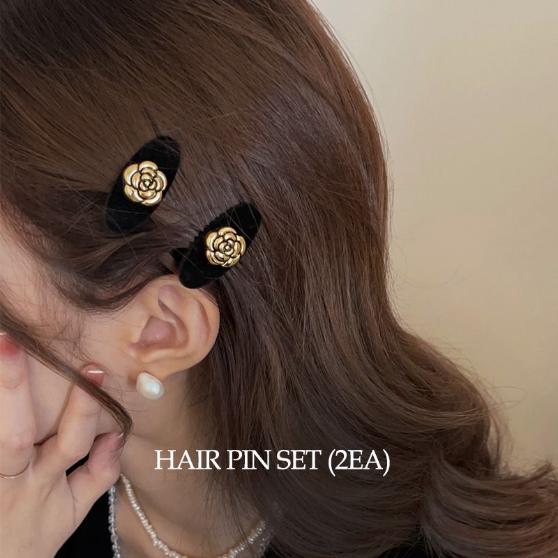 엔틱 골드 금장 플레이트 로즈 팬던트 벨벳 로맨틱 집게 헤어 머리핀 세트 [블랙] N957 - 상품 이미지