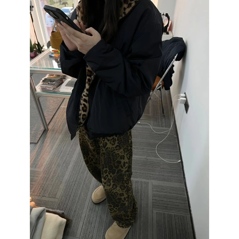 레트로 빈티지 레오파드 프린트 리버시블 후리스 점퍼 Y2K 힙합 랩퍼 스트릿 패션 코디 상품 이미지