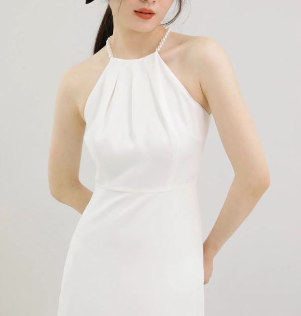 홀터 넥라인 진주 비즈 스냅촬영 2부 파티 브라이덜샤워 셀프 웨딩드레스 - 상세 이미지 2